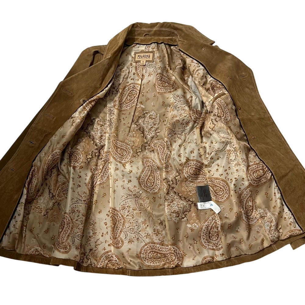Wilsons Leather Brown Suede Belted Double Breasted Trench Coat Paisley Lined‎ S - Picture 4 of 11